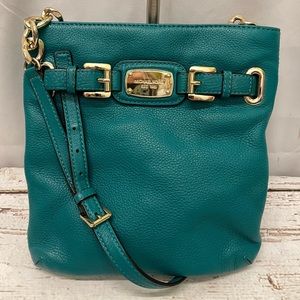 Michael Kors Teal Blue pebbled leather crossbody bag gold chains shoulder purse